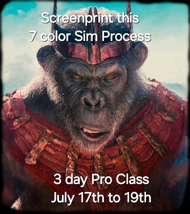 Want to help screen print this sick 7 color simulated process job on day 2 of our 3 day Pro class, July 17-19. June class we had our 1st student from Puerto Rico, as well as Minnesota, Texas, South Carolina, Florida & Georgia. 80% hands on, NO Boring lectures with over 1.000 5 star reviews! PG13 occasional adult. Visit kolormatrix.com, or call 800-935-2121 to reserve your seat today. Learn to screenprint vector images wet on wet, as well as photo realistic simulated process and 4 color process. 