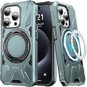 LUMARKE Strong Magnetic for iPhone 15 Pro Case - Military-Grade Drop Tested - Built-in Kickstand Shockproof Protective Phone Cover 6.1” for Women Girls - Light Green