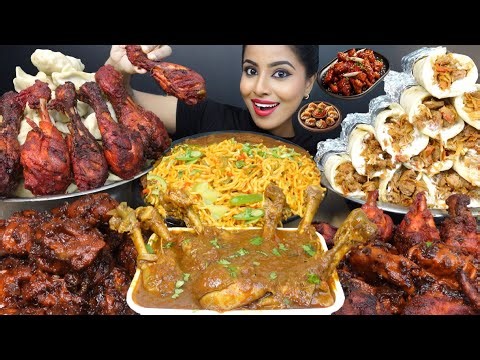 ASMR Eating Spicy Chicken Momos,Curry Noodles,Shawarma,Fried Chicken Leg Piece ASMR Eating Mukbang