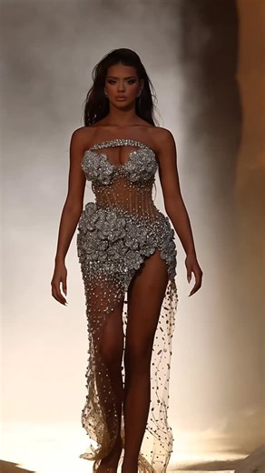 Reinee Couture| Luxury Custom Made Dresses on Instagram: "Share with a friend or tag a friend who would dazzle the crowd in this crystal-embellished sheer gown! To order, send us a DM at @reineecouture. This couture masterpiece is adorned with cascading crystals and hand-applied floral embellishments, creating a breathtaking shimmer with every movement. The daring high slit elongates the legs, while the corset bodice sculpts the silhouette into a vision of elegance and power. Key Features: • Col