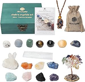 Crystal Stones Chakra Set Authentic Natural Raw Crystals Gemstones Kit Spiritual Gift - Quartz Colony Selenite Wand Rose Quartz Reiki Yoga Meditation