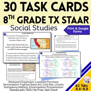 8th Grade Social Studies Task Cards 2 STAAR Lincoln Civil War Manifest Louisiana