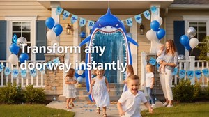 Shark Party Door Banner Decorations with Blue Foil Fringe Curtains | Ocean Theme Hanging Wall Decor for Birthday Party Decorations Entryway, Photo Backdrop & Event Venue Styling