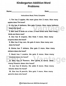 Kindergarten Addition Word Problems – Printable Math Worksheet (PDF) - Etsy