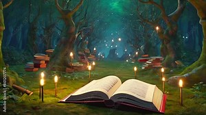 A magical open book, enchanted with a fairytale fantasy scene that pops up from its pages. Generated with AI