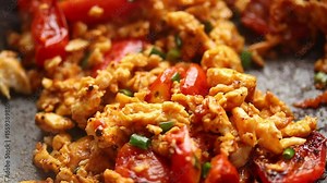 Close-up of cooking using a spatula to scramble eggs stir-fried with tomatoes on a hot pan. Healthy food