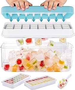 Todolla Ice Cube Trays for Freezer - Press to Release All Ice Within 1 Second, Durable 2 * 32 Square Ice Trays with Lid, Bin and Scoop, Reusable Ice Cube Molds with Built-in Handle Design, BPA-Free