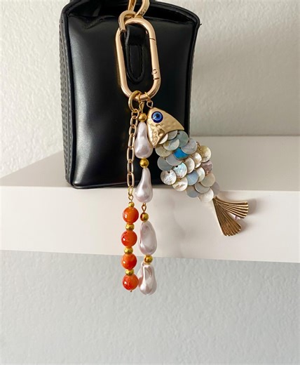 Evil Eye Fish Keychain, Luxury Coastal Bag Charm, Baroque Pearl Beaded Keychain, Gold Fish Charm Keyring, Ocean Inspired Statement Accessory - Etsy