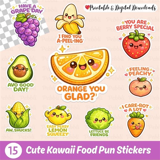 Kawaii Food Pun Stickers | Fruit & Veggie Designs (digital Download) - Etsy