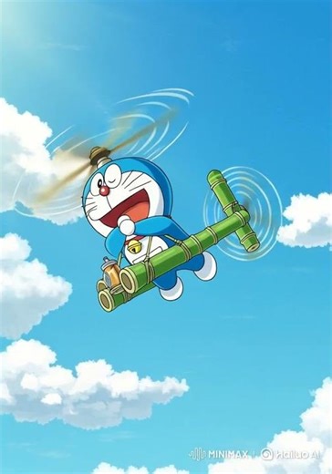 "Doraemon Flying High in the Sky with His Cool Gadget! ✈️🌤️"