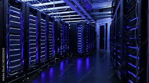 Advanced Data Center With Blue LEDs Operating At Night In High-Tech Facility