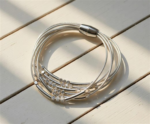 Multi Strand Silver Cable Bracelet With Magnetic Clasp – Layered Tubular Bar Design - Etsy