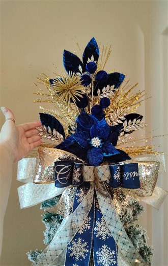 Christmas Tree Topper, Blue & Gold Poinsettia Tree Topper, XL Tree Toper, Winter Tree Bow, Poinsettia Elegant, Christmas Jeweled Decor 336 - Etsy