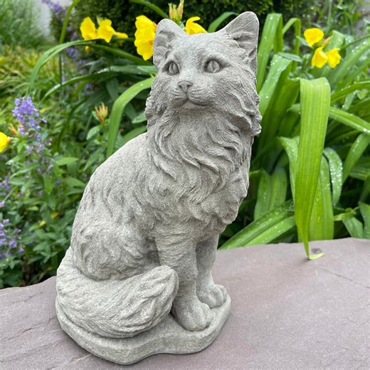 Concrete Cat Statue: 11" Long Haired Garden Memorial Outdoor Pet Sculpture Yard Art Ornament - Etsy