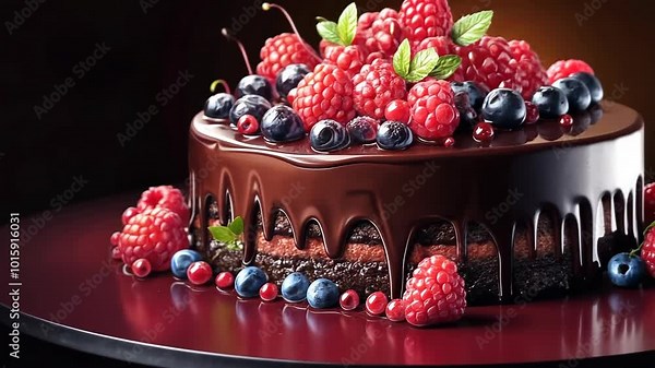 A chocolate cake with a smooth, glossy finish, decorated with fresh raspberries, blueberries, and cherries, sits on a red cake stand