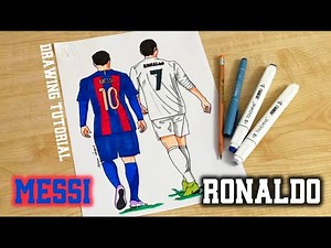 How to draw Ronaldo and Messi together / Soccer players drawing tutorial
