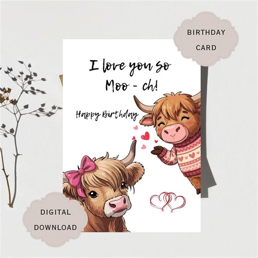 Printable Highland Cow Birthday Card | 5x7 Digital Download | Romantic and Humorous Card | PDF & JPEG | - Etsy