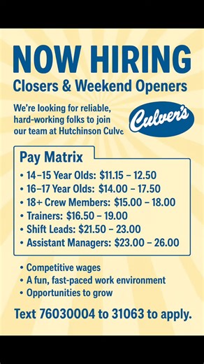 Now hiring reliable closers and weekend openers at Hutchinson Culver’s. Competitive pay from with real opportunities to grow. Every manager here started as crew, including the owner. Text 76030004 to 31063 to apply today. #NowHiring #MinnesotaJobs #Culvers #WorkInHutchinson #JobSearch