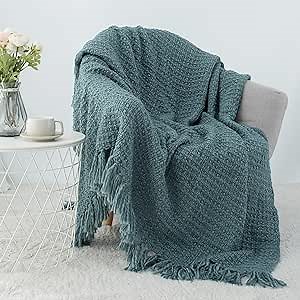 Chunky Knit Smoke Blue Throw Blanket for Couch,50"X60" Boho Style Textured Blankets for Home Decor,Super Soft Warm Cozy Cable Knitted Blanket with Decorative Tassels for Bed and Sofa