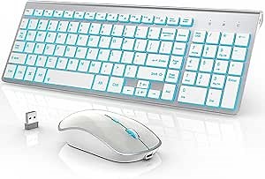 J JOYACCESS Wireless Keyboard and Mouse Combo with 7 Backlit Options,Quiet Light Up Keys,Type-C Rechargeable,Sleep Mode-2.4G Slient Portable Cordless Combo for Laptop/PC/Computer/Mac(White+Sliver)