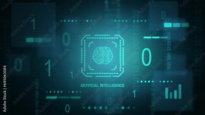 Visual concept of an artificial intelligence data. Digitally generated illustration of a brain, processor, digital numbers, graphs and charts