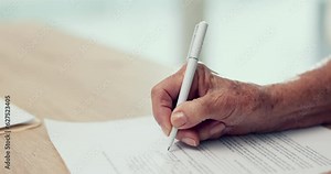 Hands, writing or person with contract to sign on application or document for will, insurance or divorce papers. Zoom, closeup or client with signature for paperwork, form or title deed agreement