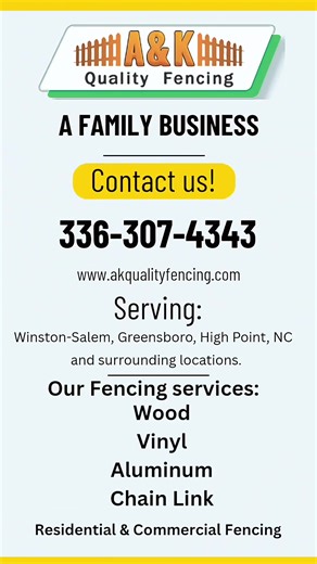 Transform your yard with a beautiful, durable fence built to last! 💪✨ We specialize in quality installations and repairs — done right, on time, and at a fair price. 📞 Contact us today 336-307-4343 for your free quote and let’s bring your project to life! #FenceInstallation #FenceContractor #QualityFencing #HomeImprovement #BeforeAndAfter #WoodFence #VinylFence #PrivacyFence #FenceRepair #BackyardGoals #AKQualityFencing | A and K Quality Fencing