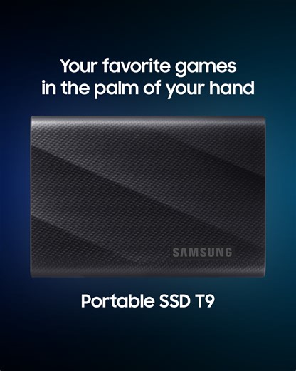 Save now and play later with the #T9 #SamsungSSD –– perfect on-the-go gaming storage, available in 1TB, 2TB or 4TB. Get more done with blazing fast file transfers achieving sequential read/write speeds of up to 2,000 MB/s through its USB 3.2 Gen 2x2 interface. https://semiconductor.samsung.com/consumer-storage/portable-ssd/t9/ | Samsung Semiconductor