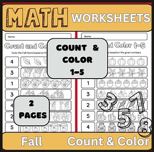 Fall Count and Color Math Worksheets: Numbers 1-5 (PDF)