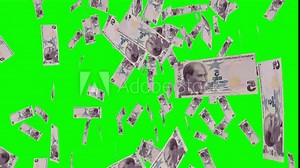 5 TURKISH LIRA notes falling Green screen