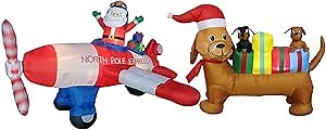 Two Christmas Party Decorations Bundle, Includes 8 Foot Animated Wide Christmas Inflatable Santa Claus Flying Airplane, and 4 Foot Long Inflatable Three Dogs Puppies with Multicolor Gift Boxes Blowup