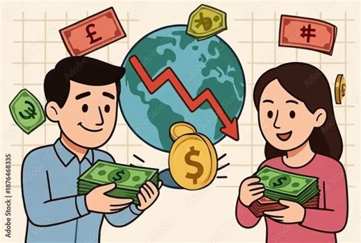 Hands exchanging money with a declining graph, depicting financial struggles and economic challenges in a global market setting