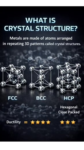 Welding Fabarication World on Instagram: "Why do aluminum, steel, and magnesium behave differently? Visit weldfabworld.com The answer lies in their crystal structure. This video explains FCC, BCC, and HCP atomic arrangements and how they affect ductility, strength, and slip systems. FCC metals are highly ductile, BCC metals are strong, and HCP metals have limited formability due to fewer slip systems. Understanding crystal structures is essential for material selection, welding, and mechanical d