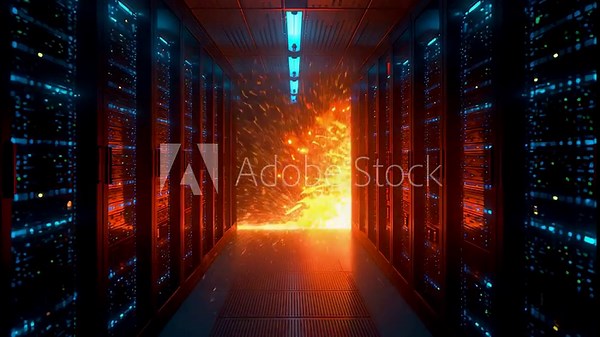 Massive Fire Explosion Inside Server Room Data Center with Blue LED Racks Corridor