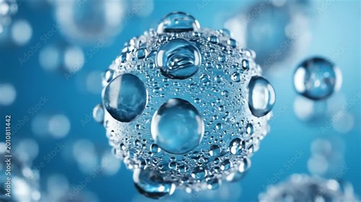 Macro view of blue moisture droplets on spheres representing molecules
