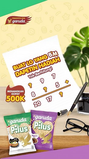 Hayoo pada bisa ngitung gak nih Warga Garuda 🤔Test matematika lo disini Kira-kira angka berapa ya yang ada di balik pack Garuda Pilus, jawab dengan tepat dan lo bisa dapetin kesempatan buat dapetin total hadiah GOPAY Rp 500.000,- buat 10 orang pemenang 🤩 ❗Syarat ikutannya juga mudah banget❗ 1. Follow akun instagram dan facebook @kacang_garuda; 2. Like & komen postingan ini dan postingan kita lainnya; 3. Tulis jawaban yang paling tepat di kolom komentar dan mention 3 temen Lo; 4. Share postinga