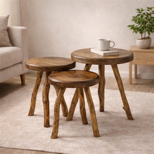 Handmade Natural Wood Nesting Side Tables, Rustic Style Set of 3 - Etsy