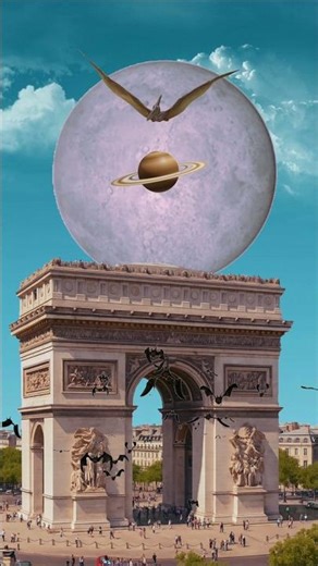 Paris Under Alien Skies – Arc de Triomphe with Planets & Bats.