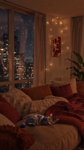 Dreamy Fantasy on Instagram: "Snowy city night, fireplace on, cat asleep ❄️🔥🐈‍⬛ Pure cozy vibes. #cozy #wintervibes #snowynight #fireplace #citynight #catlife #cozyhome #cozyvibes #snow #fyp #foryou #fypシ #reel"