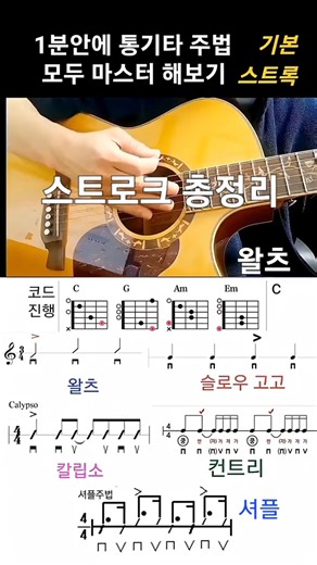 통기타 주법 총정리🌼왈츠/슬로우 고고/칼립소/컨트리/셔플 스트럼 기초 강좌 모음