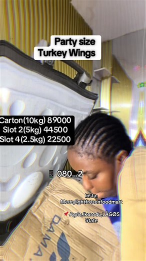 Party size Turkey wings Carton(10kg) 89000 Slot 2(5kg) 44500 Slot 4(2.5kg) 22500 080…24…42…2951 📱 081…40..08…7197 Insta: Mercylightfrozenfoodmart 📌 Agric,Ikorodu,LÅGØS State #frozenfood #frozenpackageinikorodu #turkey #500k #frozenfoodmurah