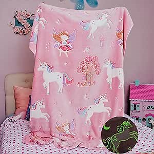 Glow in The Dark Unicorn Blanket for Girls – Soft Pink Fleece Throw. Great Christmas, Birthday, Baby, Toddler Unicorn Gifts for Girls, Fairy, Butterfly, Stars. Bright Long-Last Glow