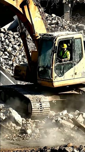 Powerful Excavator in Action! 🚧 Moving Demolition Debris