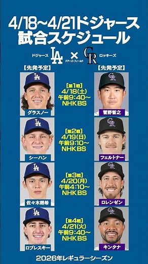 ⚾️4/18(土)〜21(火)ドジャース試合スケジュール&先発予定⚾️ #ドジャース #ロッキーズ #佐々木朗希 #菅野智之 #大谷翔平