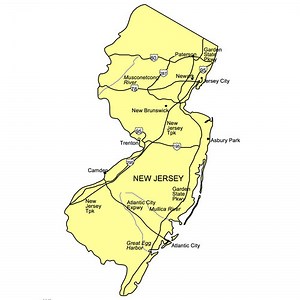 New Jersey US State PowerPoint Map, Highways, Waterways, Capital and Major Cities - Clip Art Maps