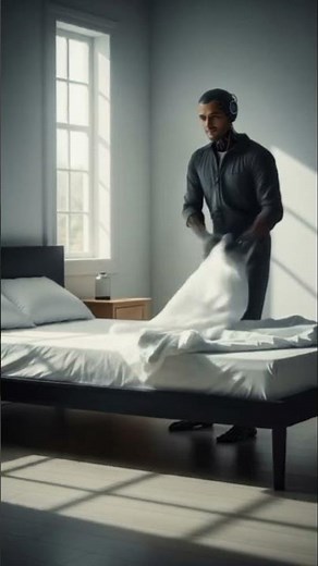 Making the bed by male looking robot.