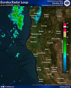 4:15 PM Nov 9: Current radar loop is showing light rain approaching the area late this afternoon. Rain will spread gradually east and south as a weak cold front moves through into Friday morning. #CAw | US National Weather Service Eureka California