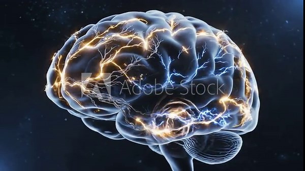 An adult brain activates across multiple regions simultaneously, cinematic overlays show logic, memory, and emotion networks firing in harmony