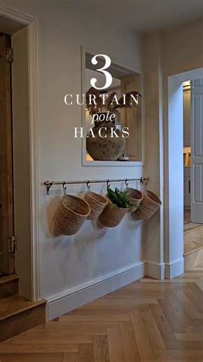 Carla Isolano on Instagram: "Curtain pole HACKS...🪛 💰 Budget busting alternatives to buying rail kits... use a curtain pole instead! ✨ 1 Pretty storage for any dead space ✨ 2 Kitchen pan rail ✨ 3 Ladder rails for libraries and tall storage ✨TOP TIPS✨ Reinforce the curtain pole with a smaller pole inside where needed, use an extendable curtain pole or smaller wardrobe pole and just keep the smaller one within. Space your curtain brackets depending on the weight and use centre brackets for extra