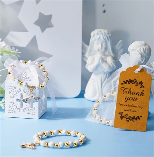 100 Pcs Baptism Favor Set with Angel Cross Bracelets, Religious Party Favors Bulk with Gift Boxes Tags and Organza Bags, Catholic Baptism Gifts, Christening Souvenirs, Church Event Supplies